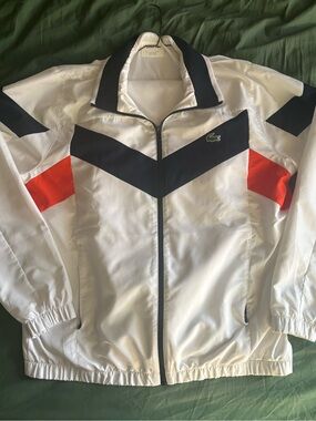 Lacoste White Track Jacket with Navy Chevron and Red Sleeve Panels